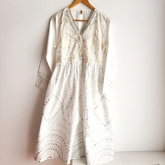 Ethnic by Urban Outfitters White Embroidered Midi Dress M - Picture 1 of 11